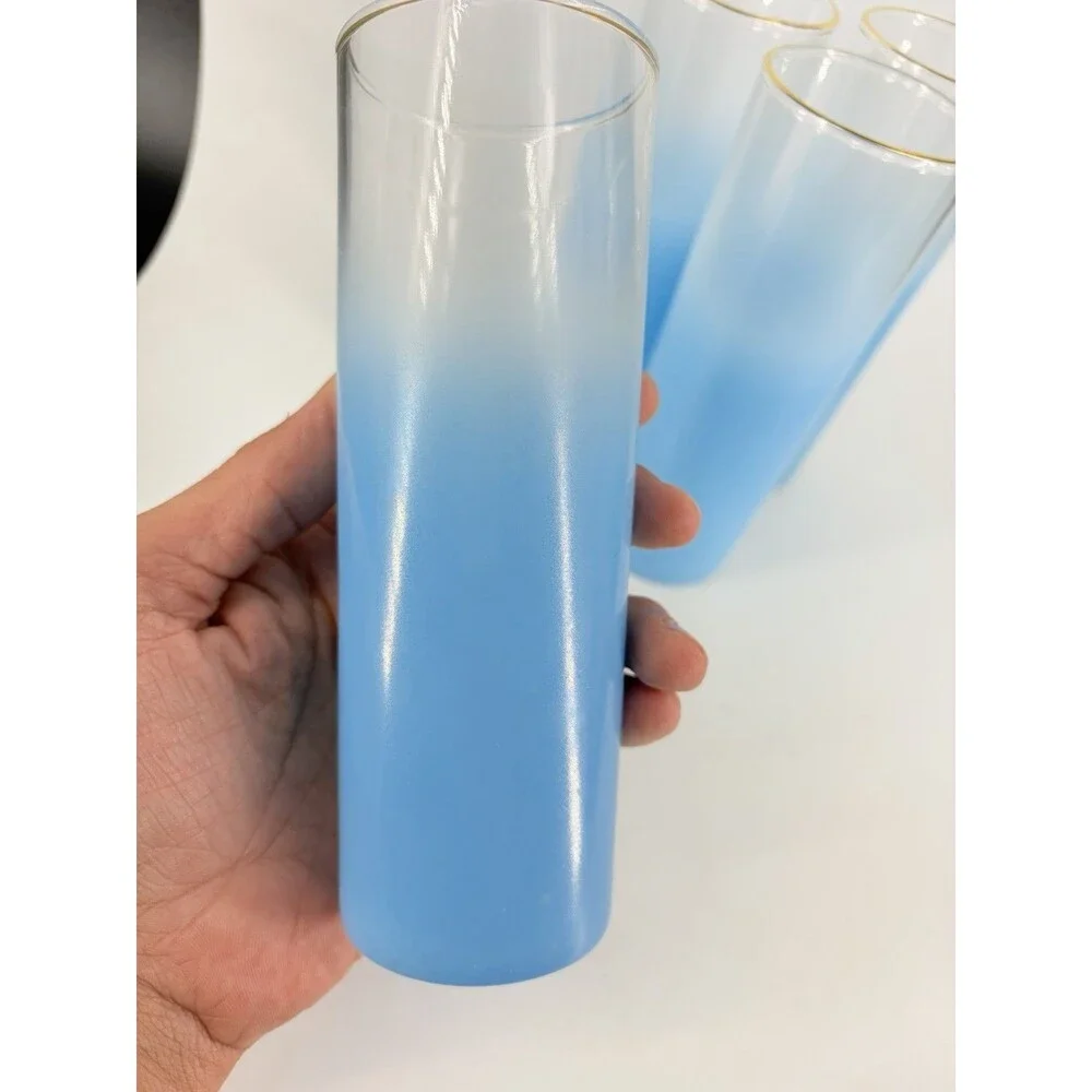 Vintage 4 MCM Blendo Frosted Ice Tea/Tom Collins Glasses Blue Gold